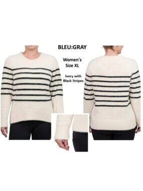 BLEU:GRAY Sweater Ivory & Black Women's Long Sleeve Eyelash Knit Crewneck Sz XL